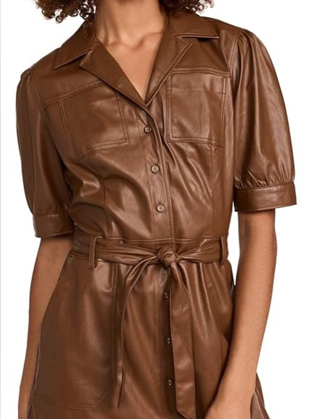 PAIGE Brown Short-Sleeve Faux Leather Belted Dress